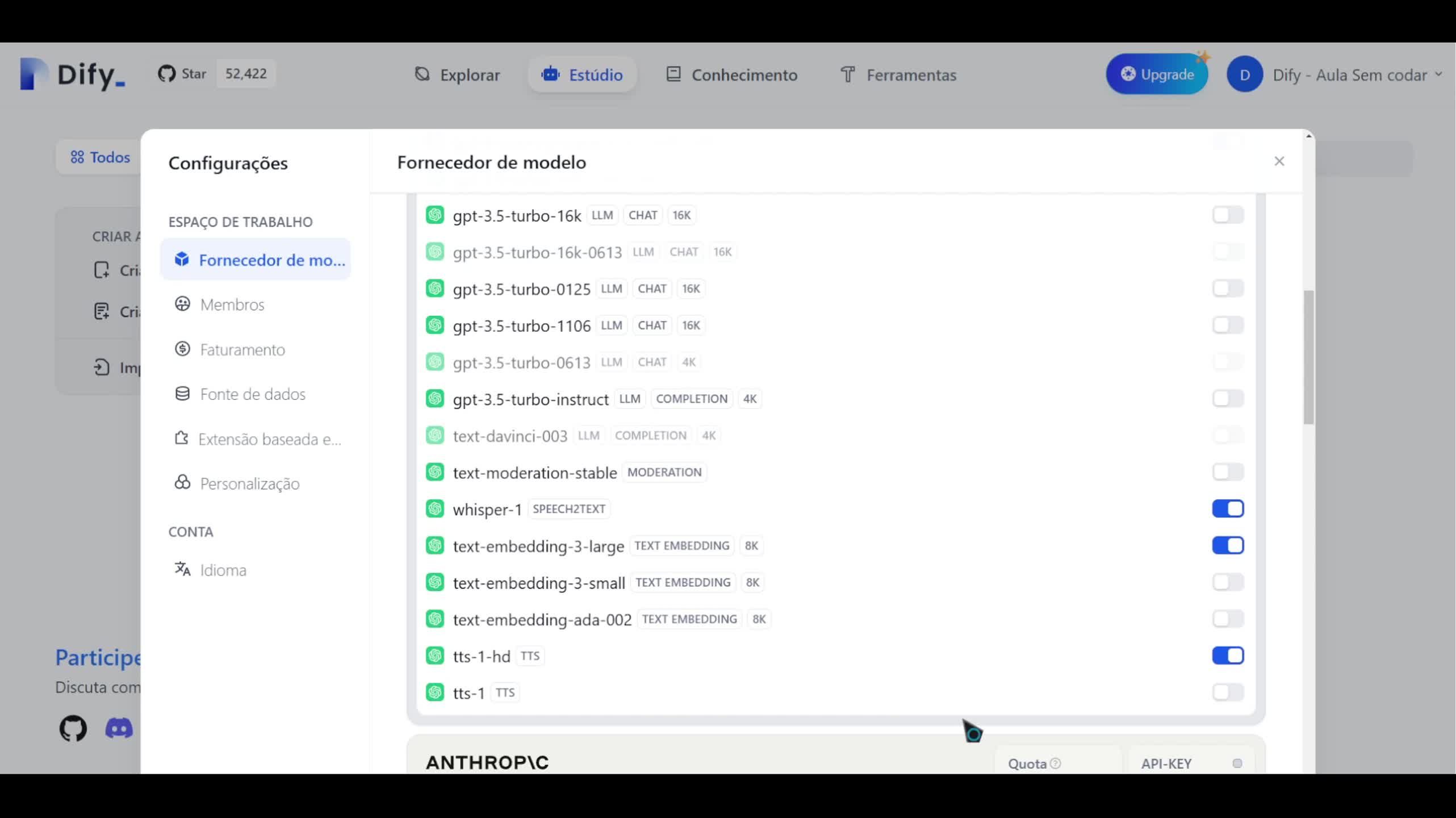 Configurações do modelo de linguagem