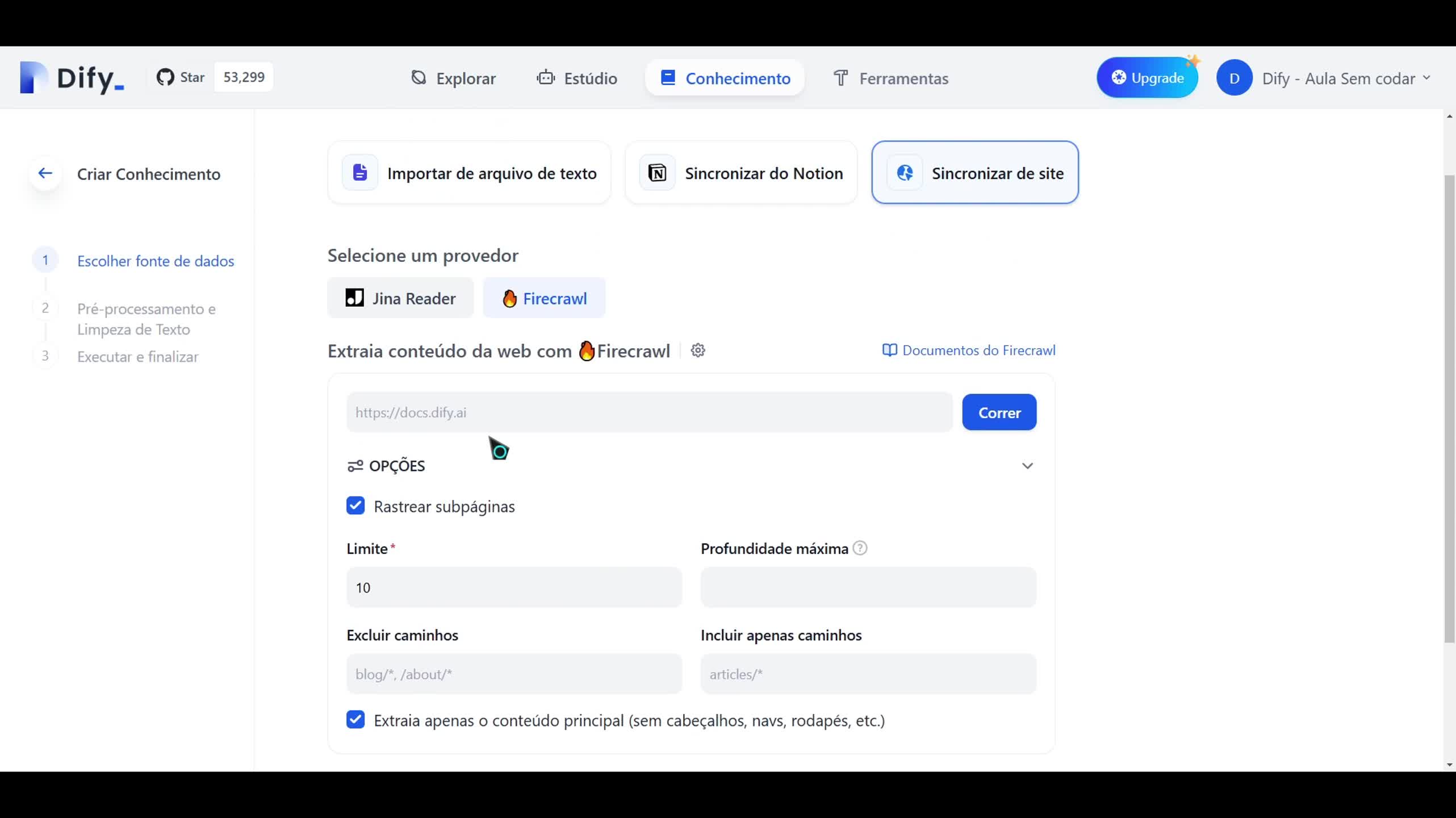 Como inserir um site como base de conhecimento
