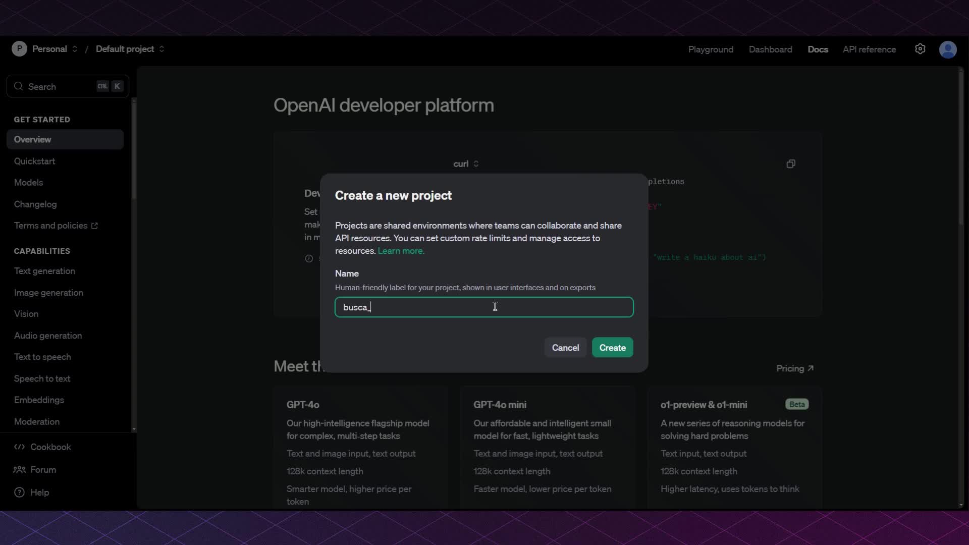 Como criar um projeto e uma chave API na OpenAI