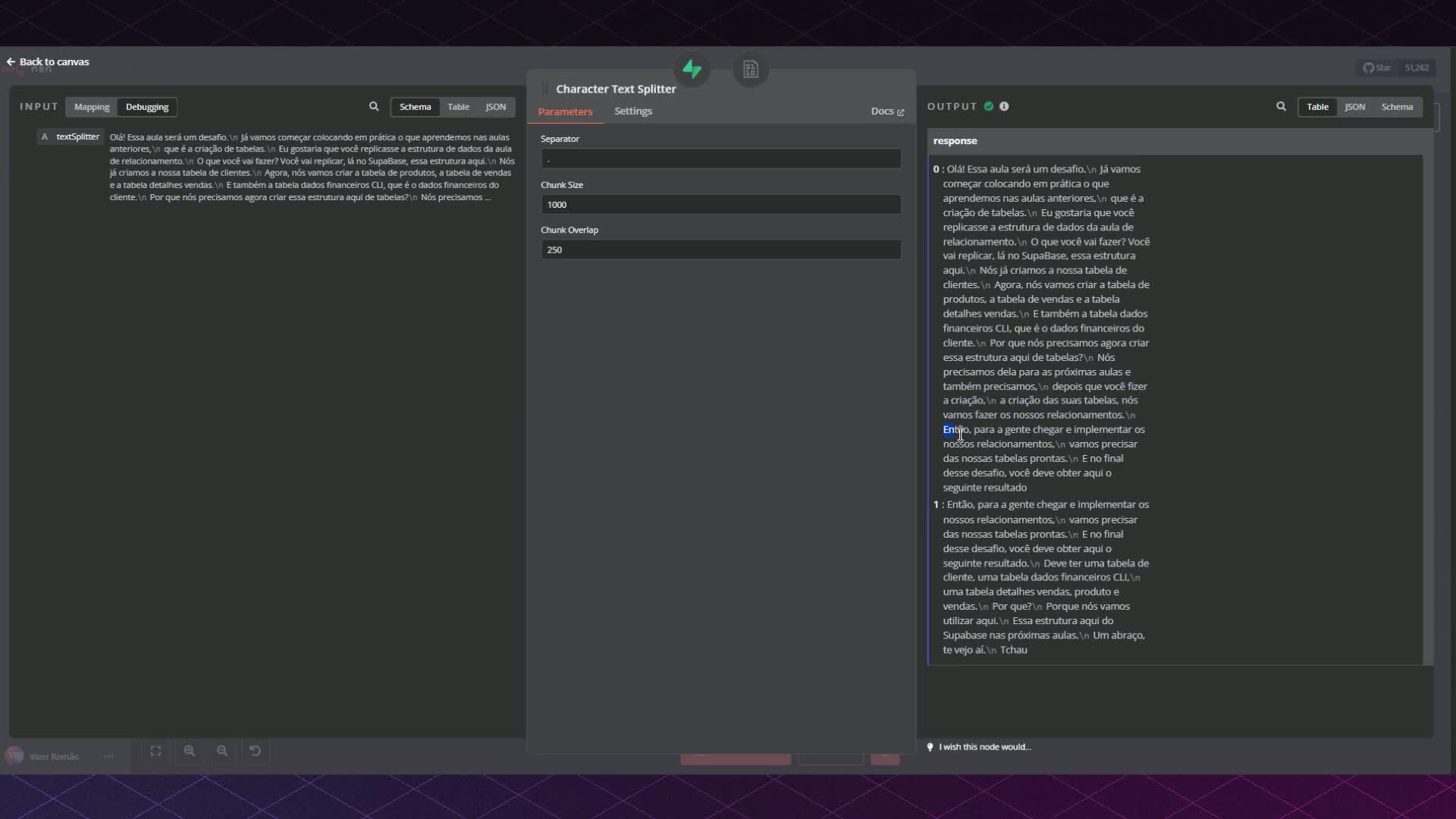 Como definir os valores de Text Splitter
