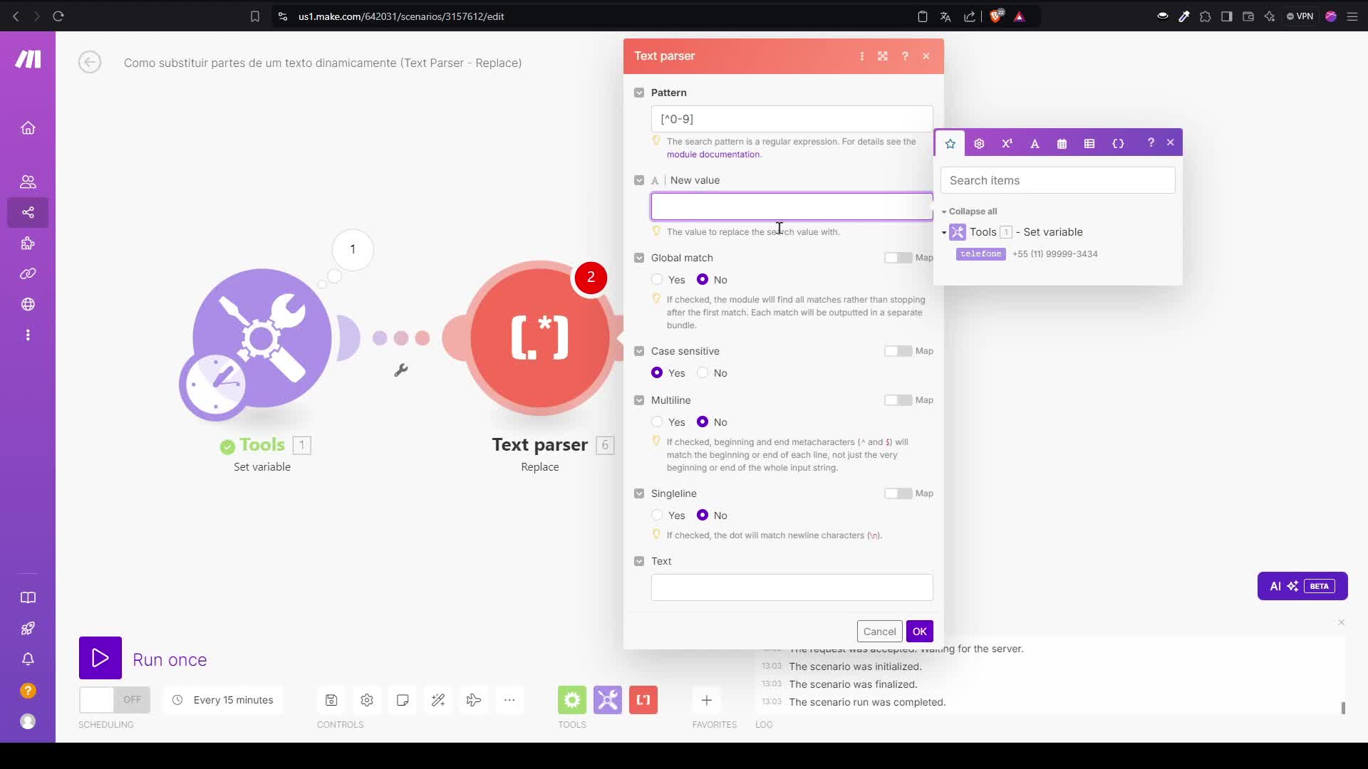 Como substituir partes de um texto dinamicamente (Text Parser - Replace)