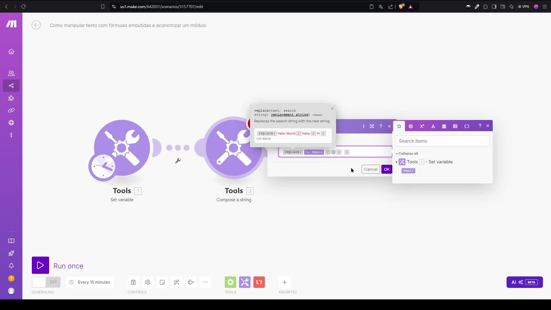 Como manipular texto com f��rmulas embutidas e economizar um m��dulo