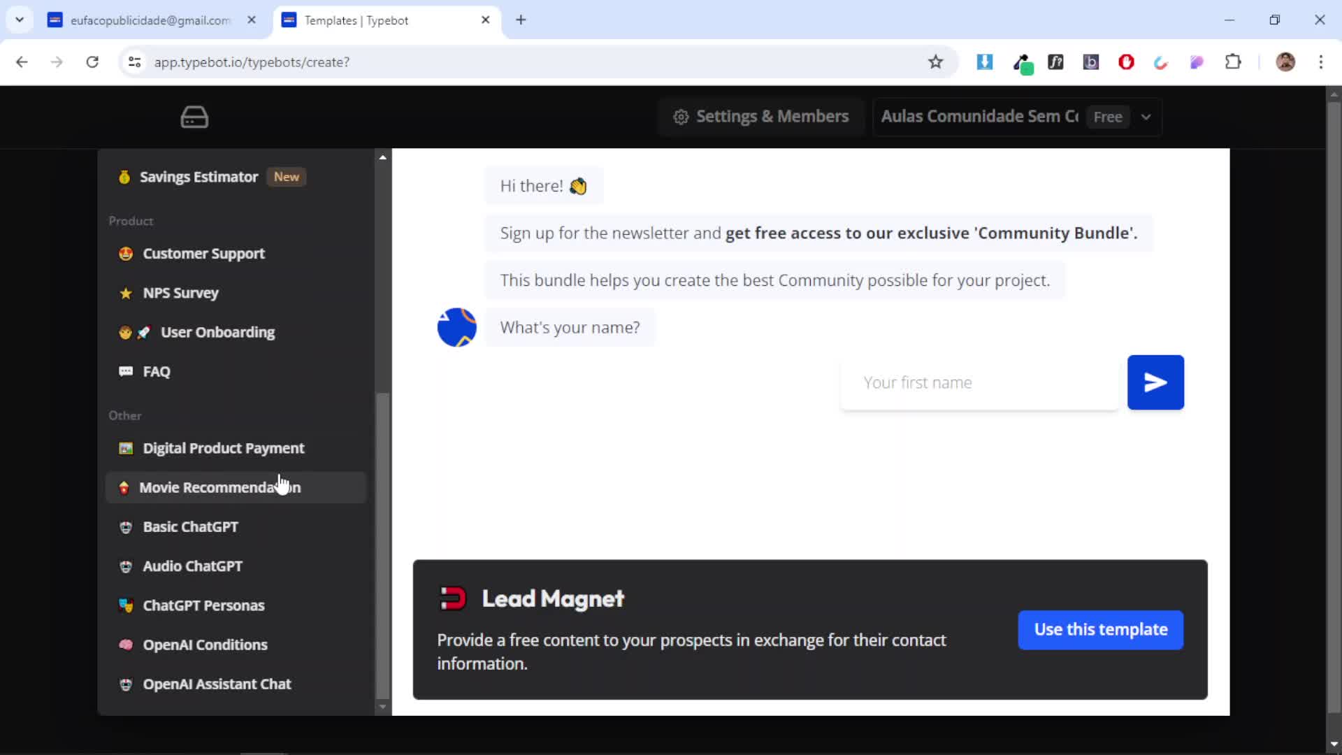 Organiza����o do workspace e criando nosso primeiro typebot